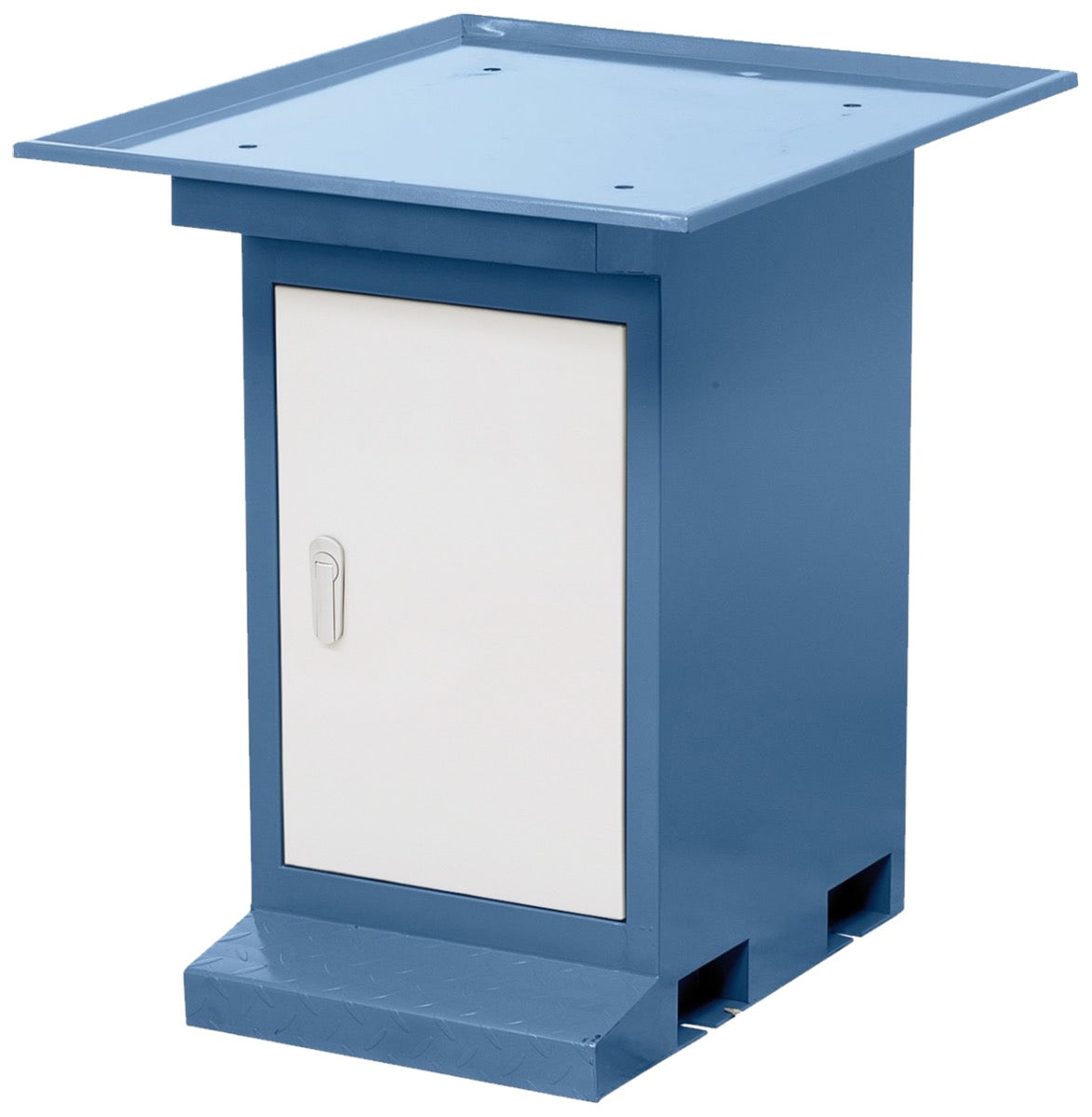 Base Bernardo BF 5 in acciaio verniciato RAL 5014 blu colomba, con vano portaoggetti, sportello con chiusura e vasca raccoglitruccioli integrata.