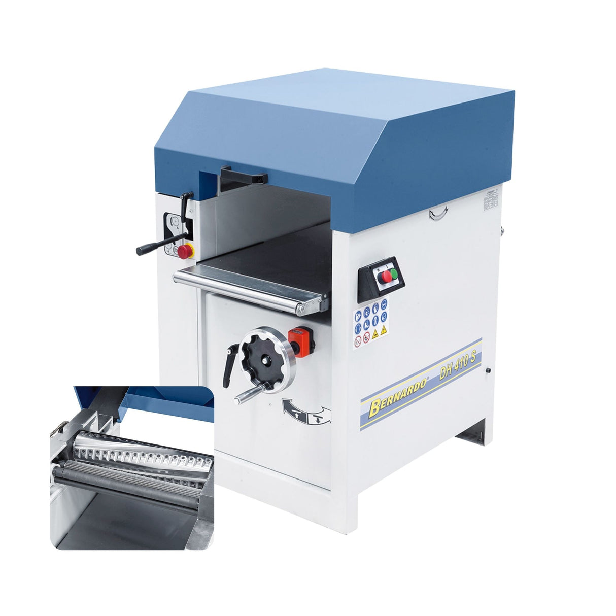 Pialla a spessore Bernardo DH 410 S con albero a spirale a 72 inserti TCT, motore trifase 400 V e regolazione digitale dell’altezza.