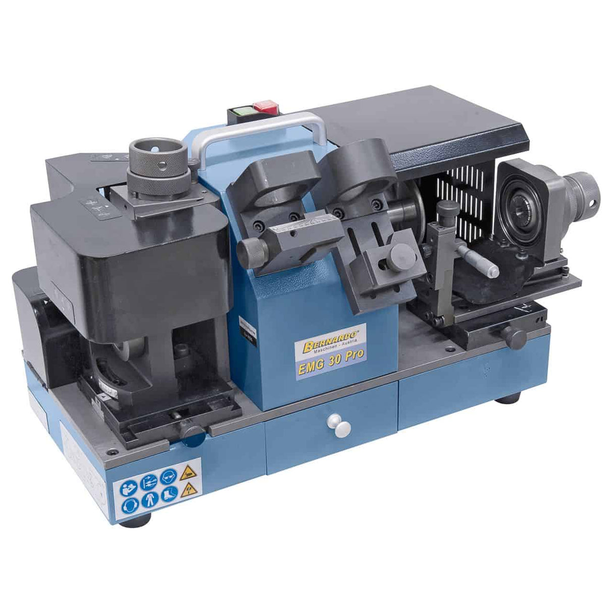 Affilatrice Bernardo EMG 30 Pro con doppia mola CBN e set pinze ER 40, per frese HSS e carbide da Ø12 a Ø30 mm.