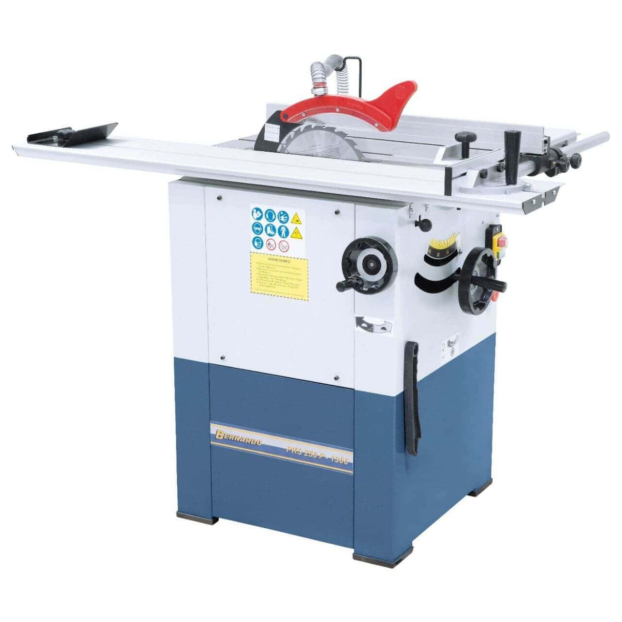 Sega da banco Bernardo PKS 250 P con carro scorrevole da 1300 mm, lama Ø 254 mm e guida parallela, per tagli precisi e professionali.