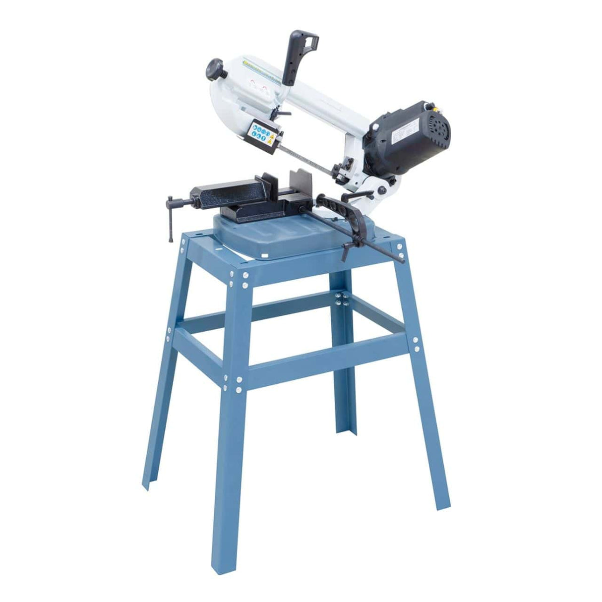 Sega a nastro portatile Bernardo EBS 125 Vario con velocità variabile, corpo in alluminio pressofuso e braccio inclinabile per tagli obliqui.