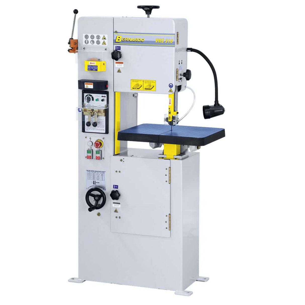 Sega a nastro verticale Bernardo VMS 310 con tavolo in ghisa inclinabile, velocità variabile, saldatrice lama e accessori integrati.