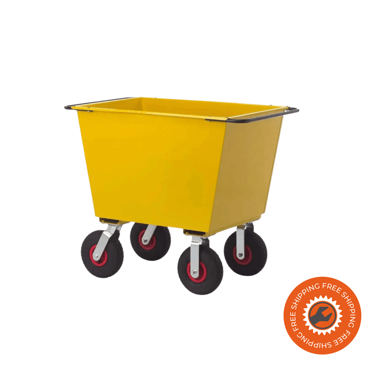 Carrello per mangime Ravendo FW 200-4L in acciaio giallo con vasca da 200 litri e ruote pneumatiche Ø3.00 x 4/4, ideale per allevamenti e aziende agricole.