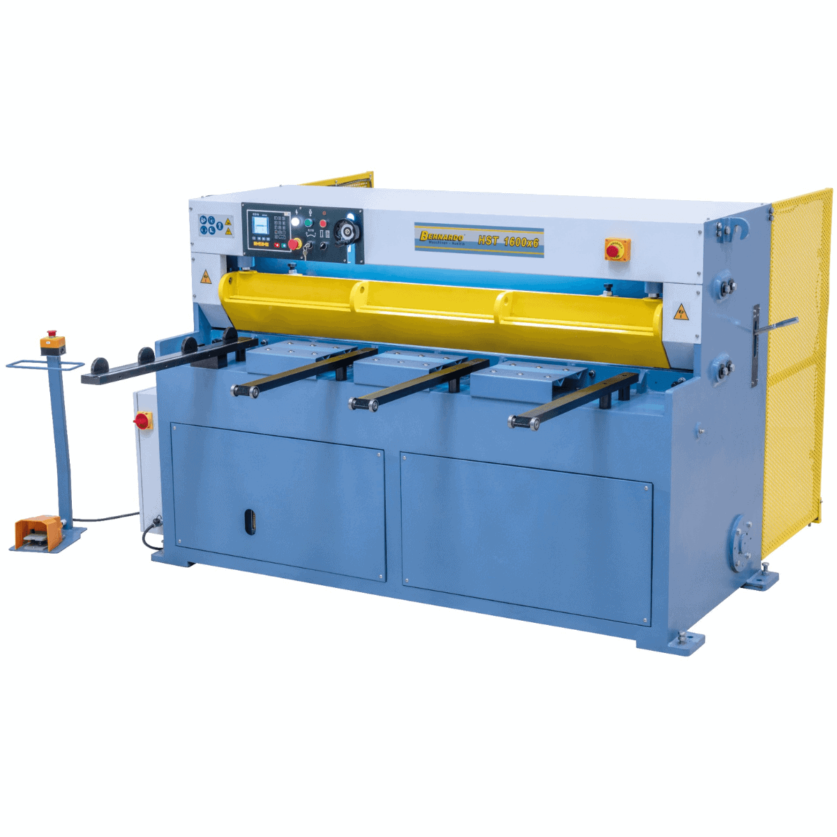 Cesoia idraulica Bernardo HST 1600 x 4 con arresto CNC, pressore automatico e bracci di supporto, ideale per lamiere fino a 4 mm.