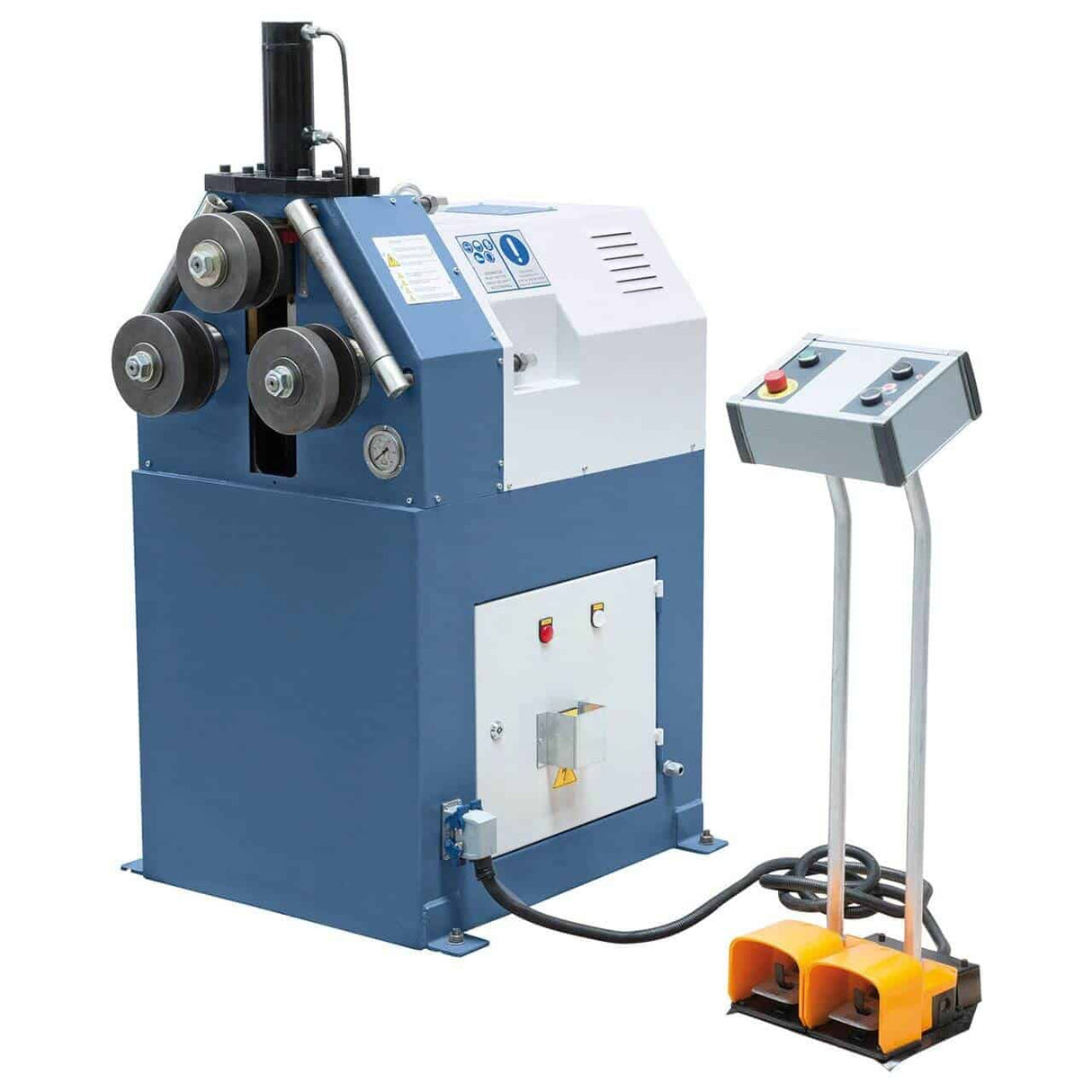 Curvatubi elettrica Bernardo BPK 55 H con 3 rulli motorizzati, pannello di comando mobile e rullo superiore ad avanzamento idraulico.