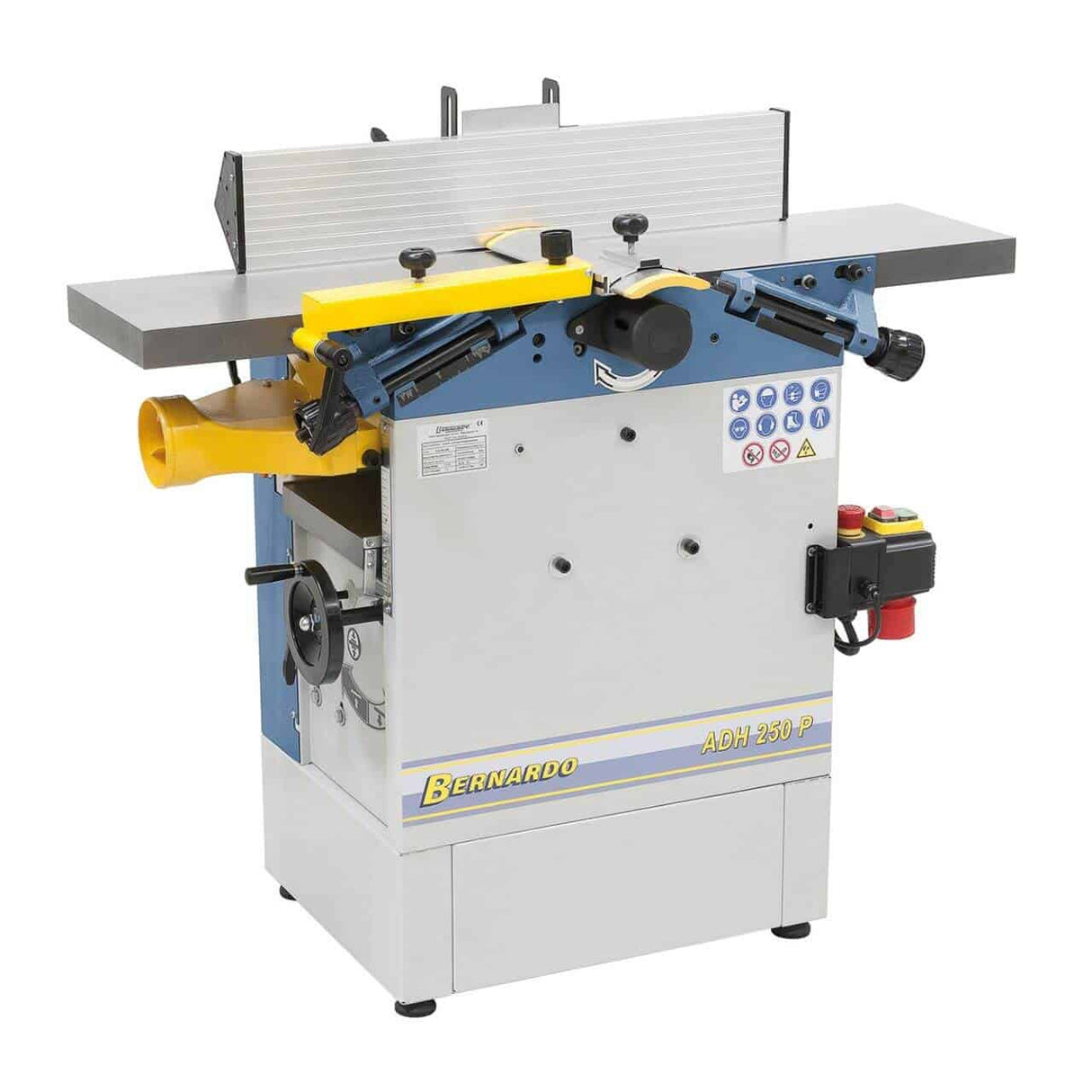 Pialla a filo e spessore Bernardo ADH 250 P 230 V con tavoli in ghisa, recinzione in alluminio inclinabile e albero a 3 coltelli HSS, ideale per lavorazioni precise e professionali del legno.