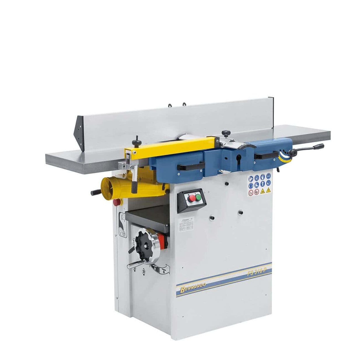 Pialla a filo e spessore Bernardo FS 310 P 230 V con tavoli in ghisa, display digitale, recinzione inclinabile e albero a 3 coltelli HSS, ideale per lavorazioni professionali del legno.
