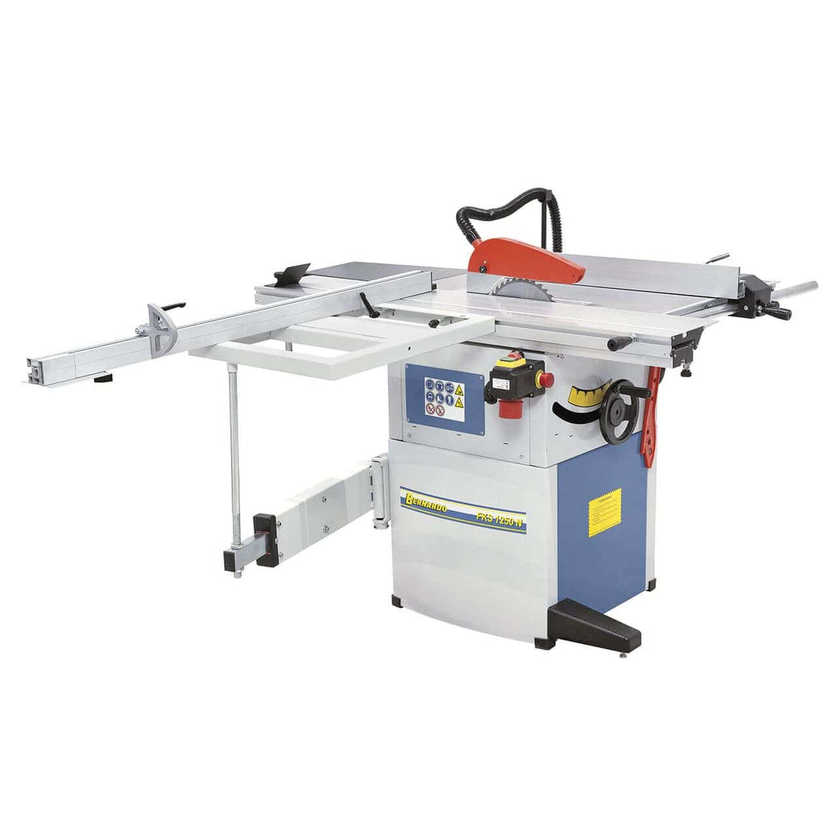 Vista della sega circolare FKS 1250 N con carro scorrevole in alluminio, tavolo in ghisa, lama da 254 mm inclinabile, estensioni e guida micrometrica per tagli precisi su pannelli di medie e grandi dimensioni.