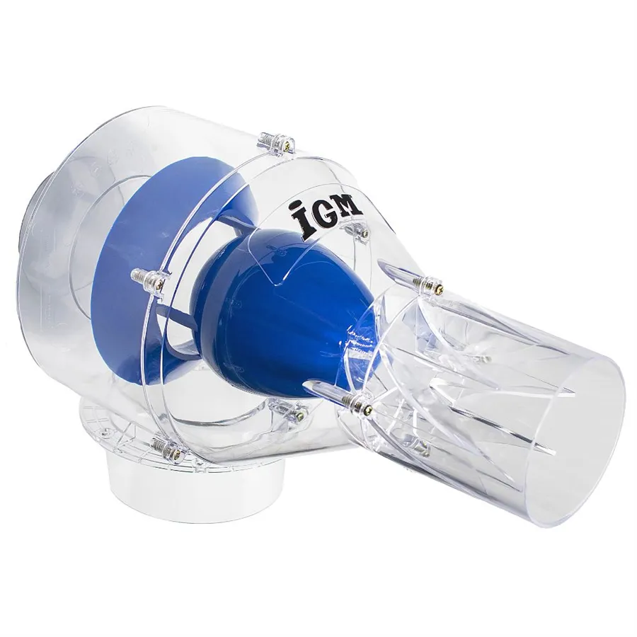 Vista frontale del separatore ciclonico STO-P100, con design compatto a lama ābullet bluā e attacchi Ć 100 mm per collegamento diretto ai sistemi di aspirazione.