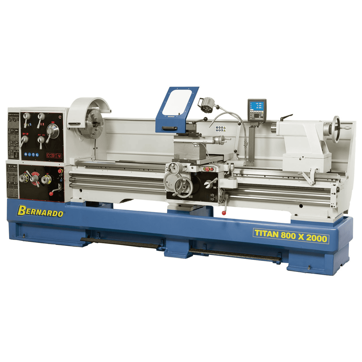 Tornio da produzione robusto e di grandi dimensioni con bancale rinforzato, mandrino da 315 mm, sistema digitale a 3 assi e ponte smontabile per la lavorazione di pezzi di grandi diametri.