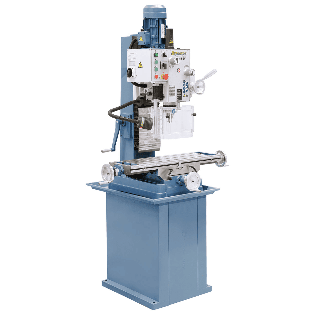 Trapano-fresatrice Bernardo FM 45 HSV con tavola 800 x 240 mm, testa inclinabile ±60°, avanzamento automatico mandrino, velocità variabile fino a 3200 rpm e accessori inclusi.