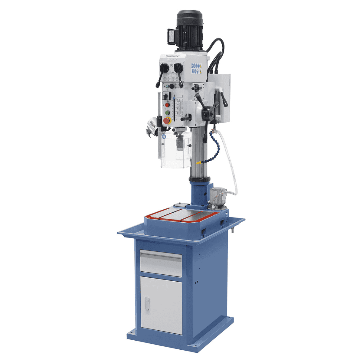 Trapano a ingranaggi Bernardo GB 30 TV con trasmissione robusta, tre avanzamenti automatici, pompa refrigerante, luce LED e concentricità del mandrino ≤0,02 mm.