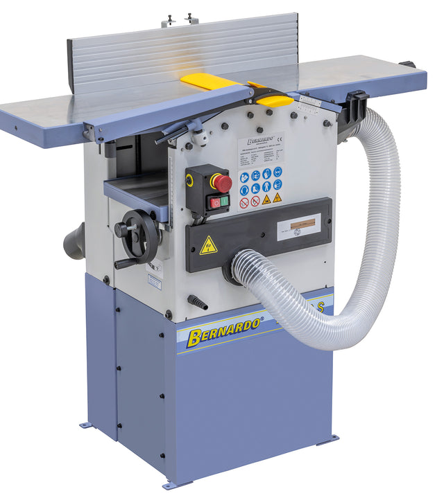 Pialla filo spessore Bernardo PT 260, funzionamento a 230 V, larghezza di piallatura 260 mm, robusta struttura in ghisa, guida inclinabile e design compatto per uso in laboratorio e officina.