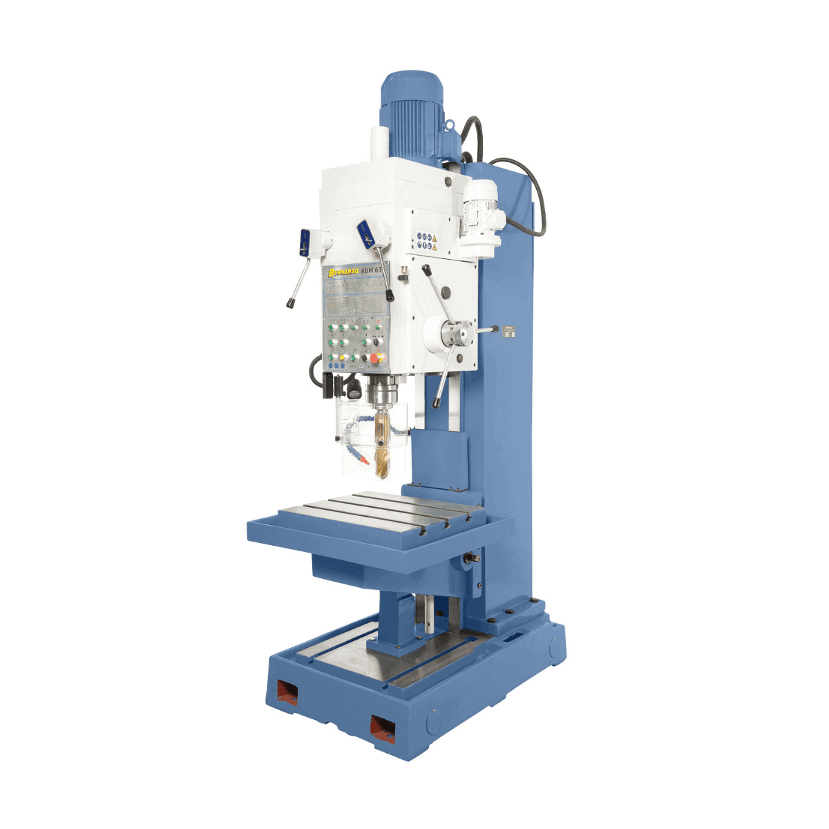 Trapano a colonna fissa Bernardo KBM 63 con motore da 5,5 kW, avanzamento automatico e capacità di foratura fino a 63 mm.