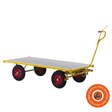 Carrello Ravendo TW 1500 M in acciaio giallo con piano in legno, ruote solide e timone ergonomico, ideale per trasporti industriali fino a 1200 kg.