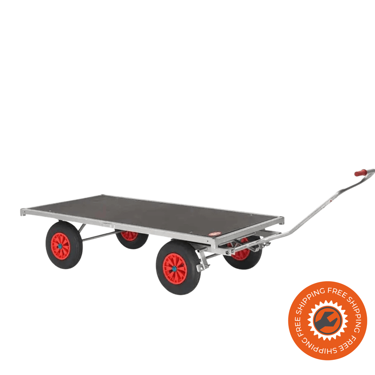 Carrello Ravendo TW MEDI in acciaio argentato con ruote pneumatiche e timone di traino, ideale per trasporto di materiali industriali e carichi fino a 750 kg.