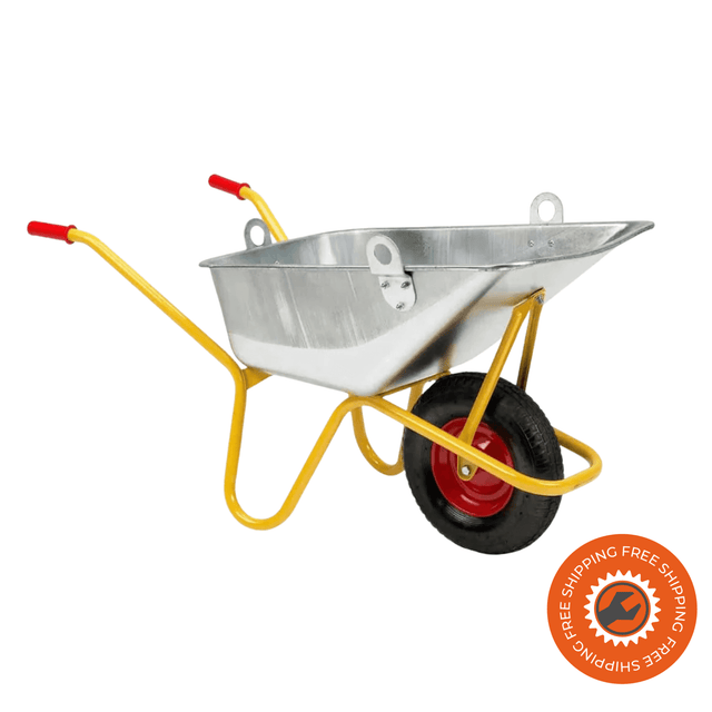 La carriola Ravendo BC 1100 SH con vasca da 110 litri, struttura in acciaio tubolare Ø 30 mm e ruota pneumatica con cerchio in acciaio, ideale per il trasporto professionale del calcestruzzo fino a 250 kg.
