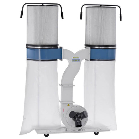 Impianto di aspirazione Bernardo DC 550 CF 400 V con struttura in acciaio e doppio sacco da 300 litri, progettato per aspirare polveri sottili e trucioli di legno con potenza e affidabilità.