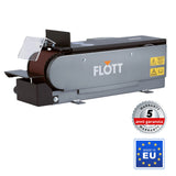 Levigatrice a nastro Flott TBSM 100 con nastro da 1220 x 100 mm, motore da 0,75 kW e attacco aspirazione Ø 35 mm, ideale per levigatura e sbavatura di precisione.