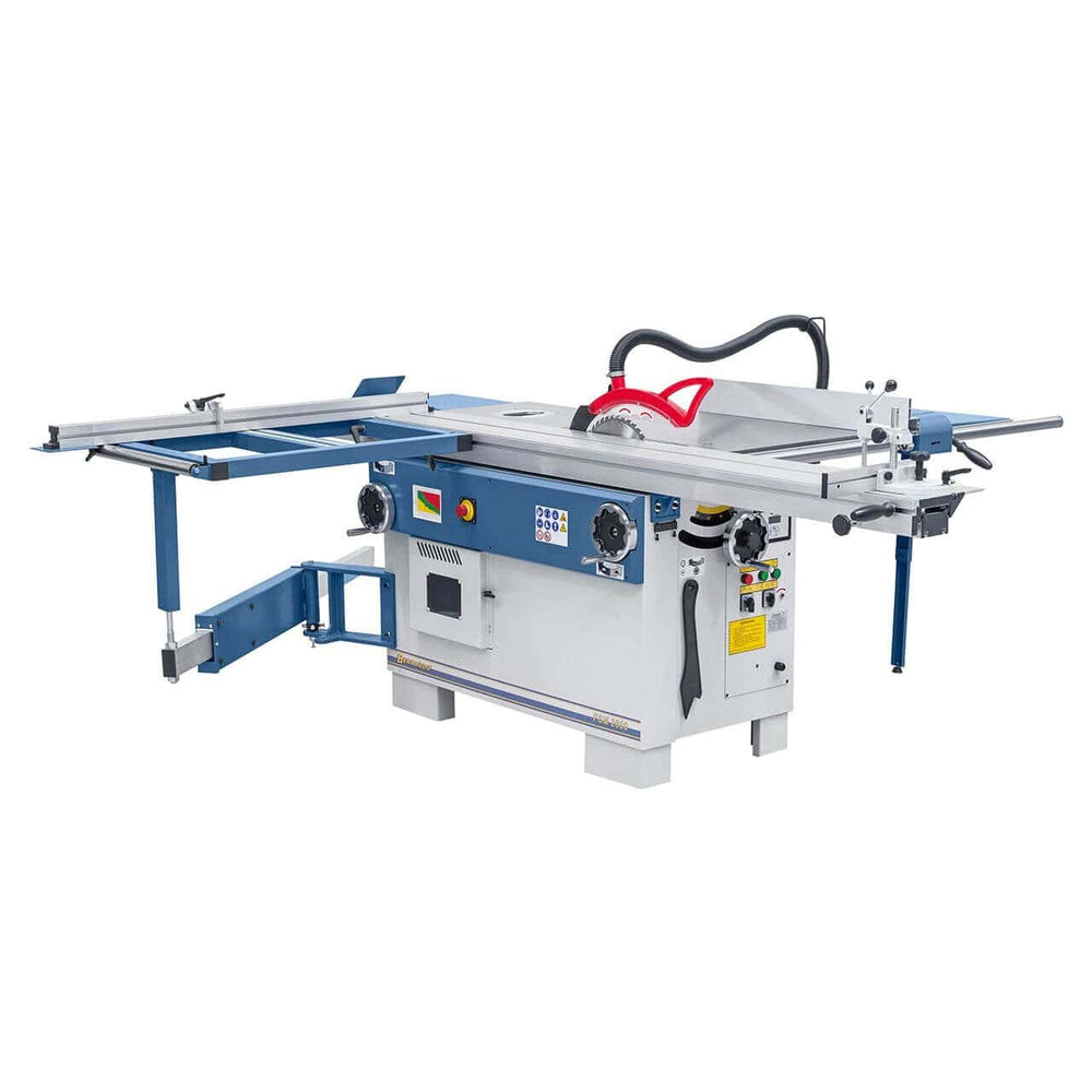 Macchina combinata PSM 2600 con tavolo scorrevole lungo, struttura in ghisa e guide in alluminio per lavori di falegnameria professionale su pannelli e masselli.