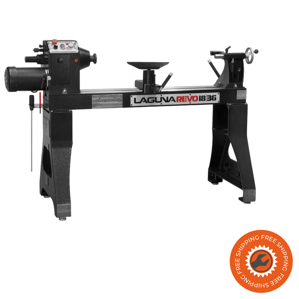 l REVO 1836 è mostrato su pavimento da officina, con struttura in fusione grigia e pannello di controllo nero anodizzato. Immagine evidenzia le proporzioni compatte e il banco estremamente stabile.