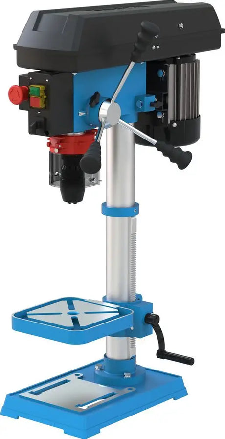 Trapano a colonna Guede GTB 16/612 R+L con motore 600 W, mandrino a serraggio rapido e tavolo inclinabile, ideale per forature di precisione in metallo e legno.