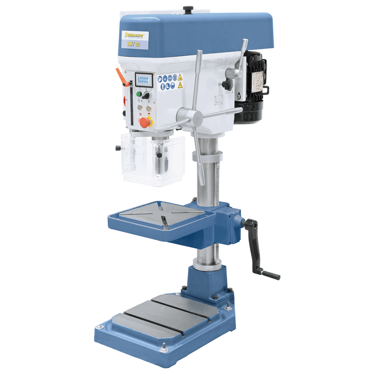 Trapano da banco DMT 20 con mandrino MT2, display digitale, inversione automatica per filettatura e struttura robusta da 192 kg.